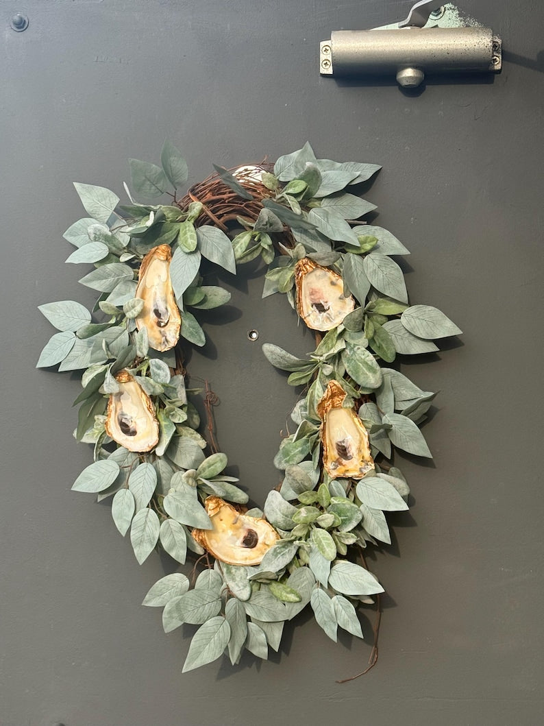 Oyster shell wreath grapevine eucalyptus base