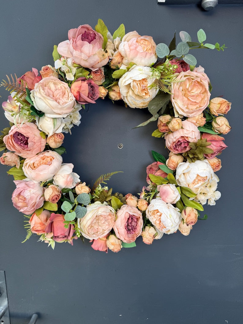 Blush peony rose wreath English garden decor detail