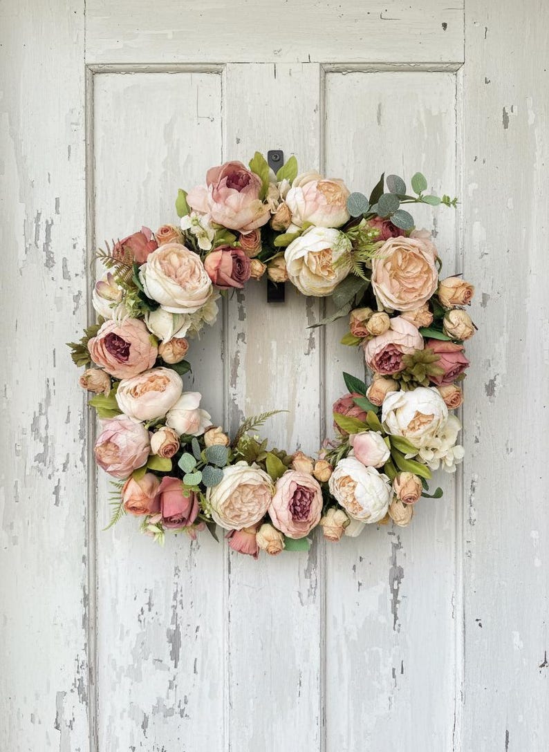 Antique Tea Rose wreath dusty pink cream peach