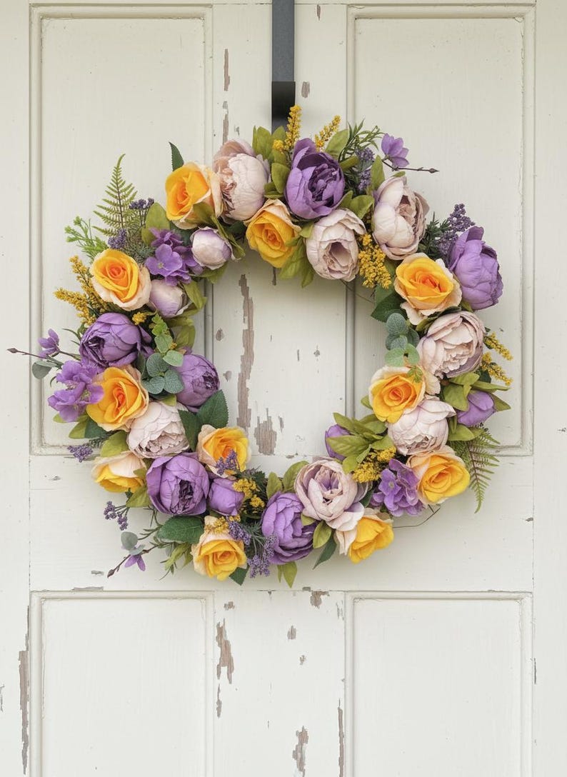 Death Valley Dusk wreath yellow rose purple peony detail