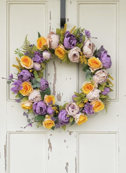 Death Valley Dusk wreath yellow rose purple peony detail