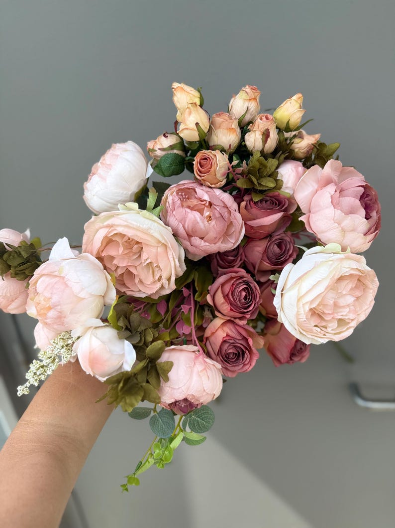 Antique Tea Rose wreath peony rosebud bouquet detail