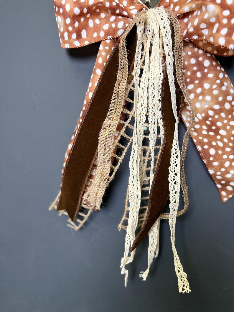 Spotted axis print wreath bow ribbon layers