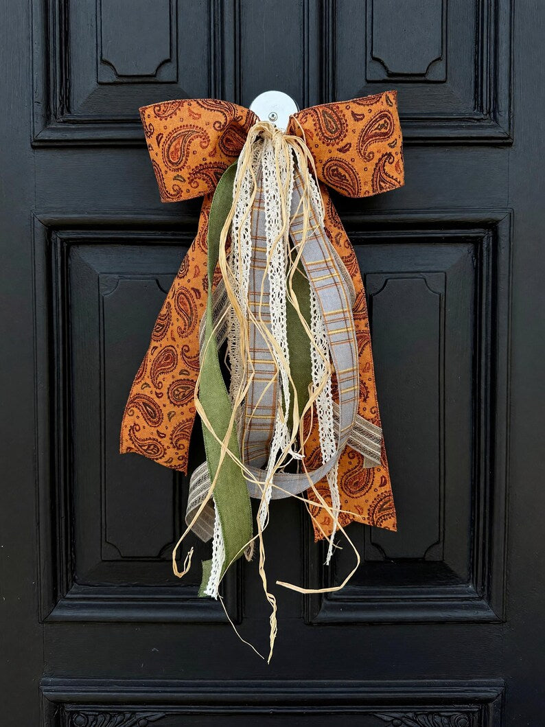 Rust paisley wreath bow sage green plaid lace layers