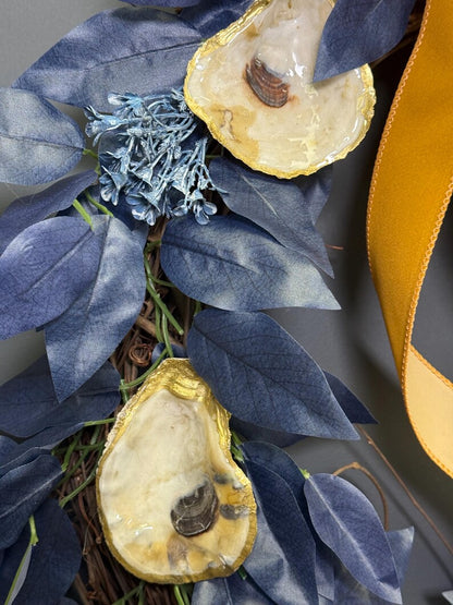 Oyster shell wreath navy leaves gold shell detail