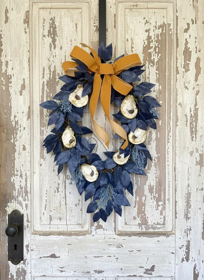 Navy mustard oyster shell wreath velvet bow detail