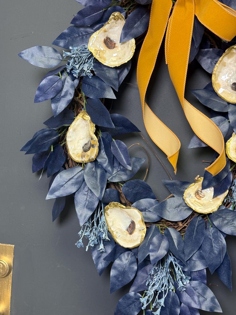 Navy mustard wreath dusty blue sprigs oyster shells