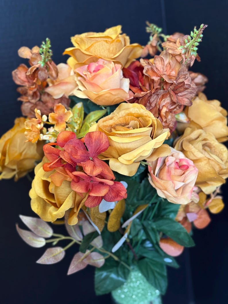 Fall grave urn insert mustard burnt orange hydrangea