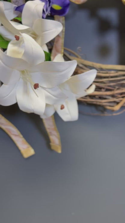Easter Cross Wreath | White Lilies & Purple Irises | He Is Risen | Christian Spring Door Wreath